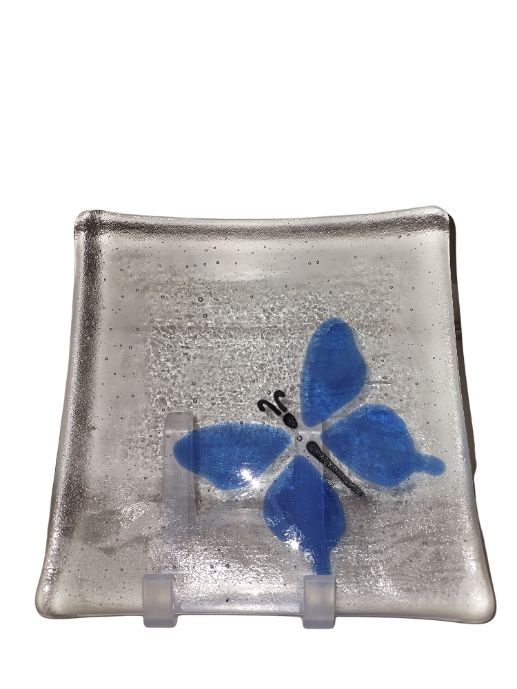 Handcrafted Blue Butterfly Bubble Glass Plate