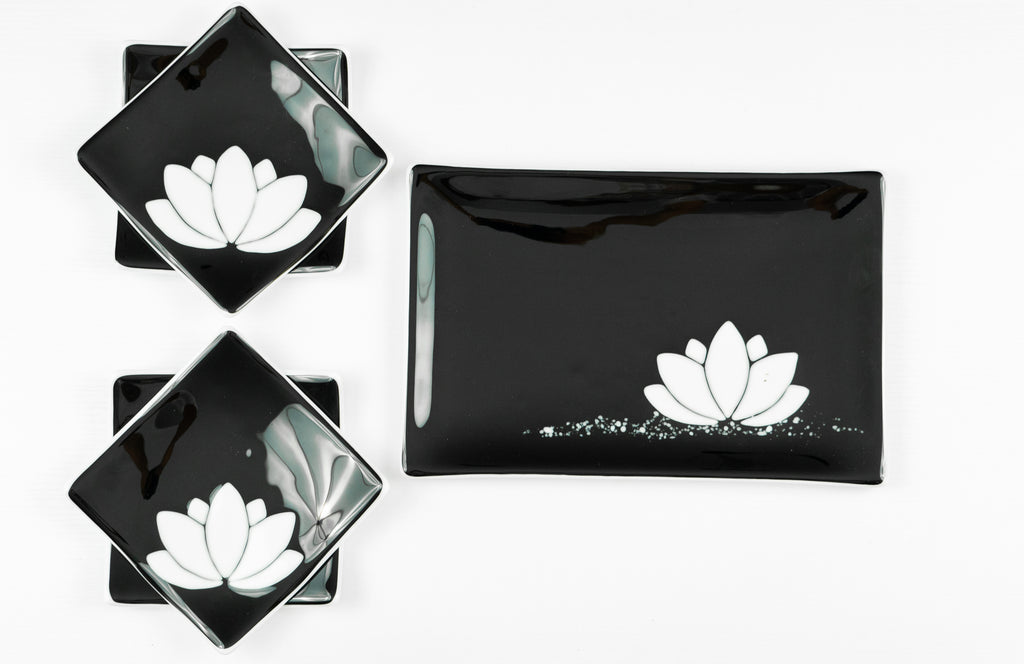 Handcrafted Glass Sushi Set with Lotus Flower - White Trim