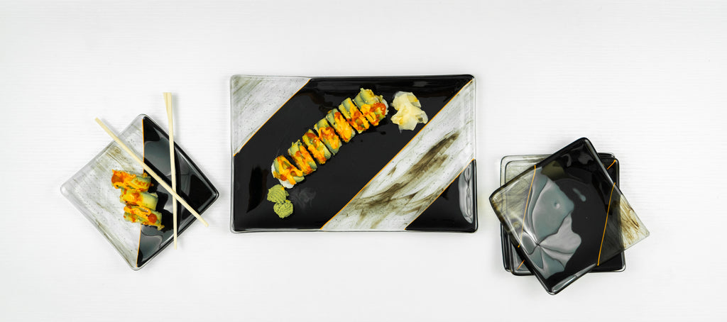 Happy Sales HSMSP-GLDBRU, Japanese Style 6 Piece Perfect Sushi Set for Two Melamine Sushi Plates Sauce Dish and Chopsticks Dinnerware Set, Gold Brush